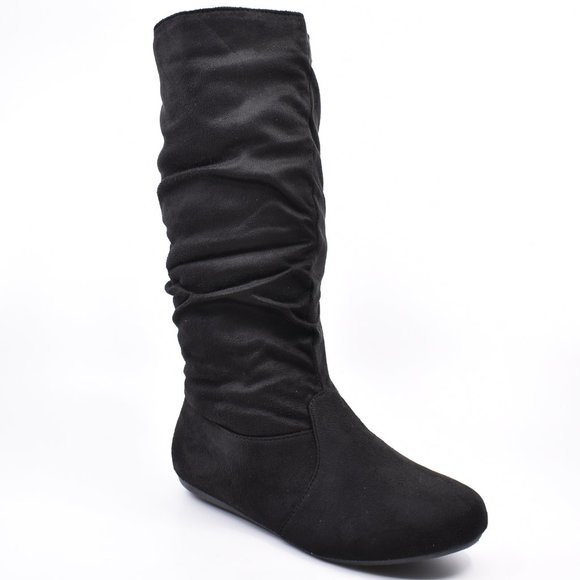Forever Link Shoes - Black Faux Suede Flat Wrinkle Slouch Round Boots